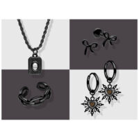 Schwarzes Schmuckset mit Kette, Ohrringen und Armreif auf weißem Hintergrund