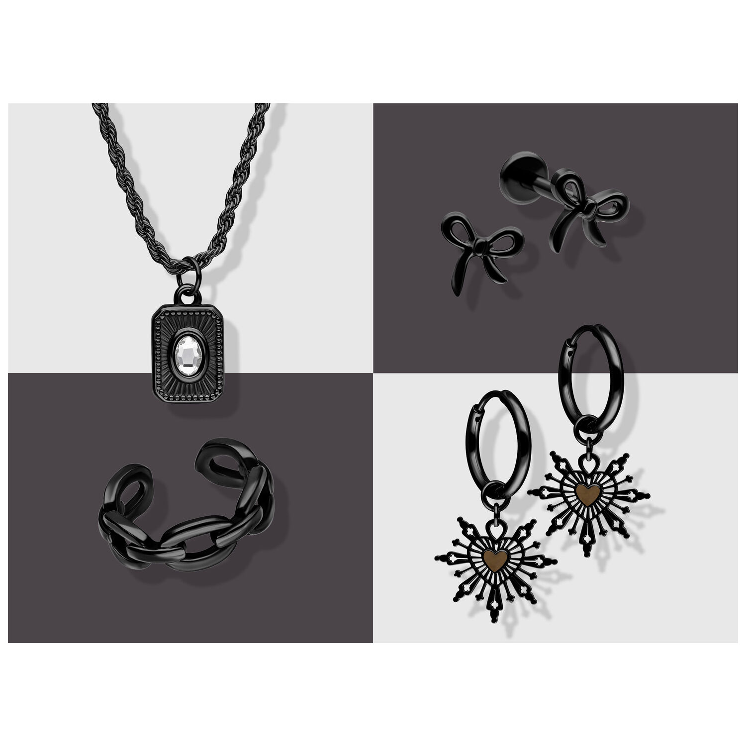 Schwarzes Schmuckset mit Kette, Ohrringen und Armreif auf weißem Hintergrund