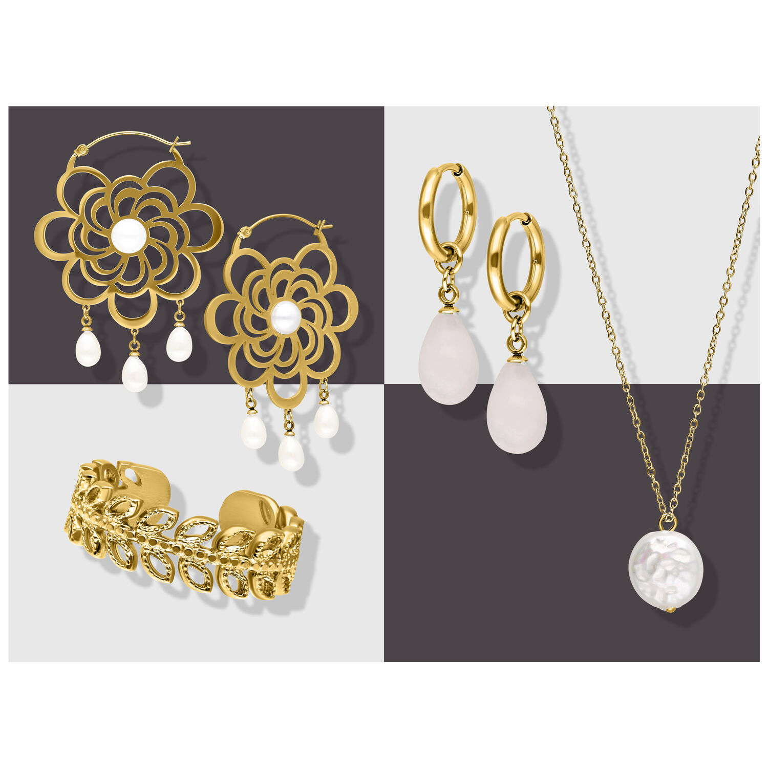 Wildcat Adventskalender 2025 - Gold Schmuckset Goldene Ohrringe, Armband und Halskette auf neutralem Hintergrund