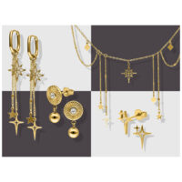 Wildcat Adventskalender 2025 - Gold Schmuckset Goldene Ohrringe und Halskette mit Sternmotiven auf zweifarbigem Hintergrund