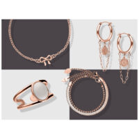 Roségold Schmuckset mit Kette, Ohrringen und Armbändern auf weißem Hintergrund