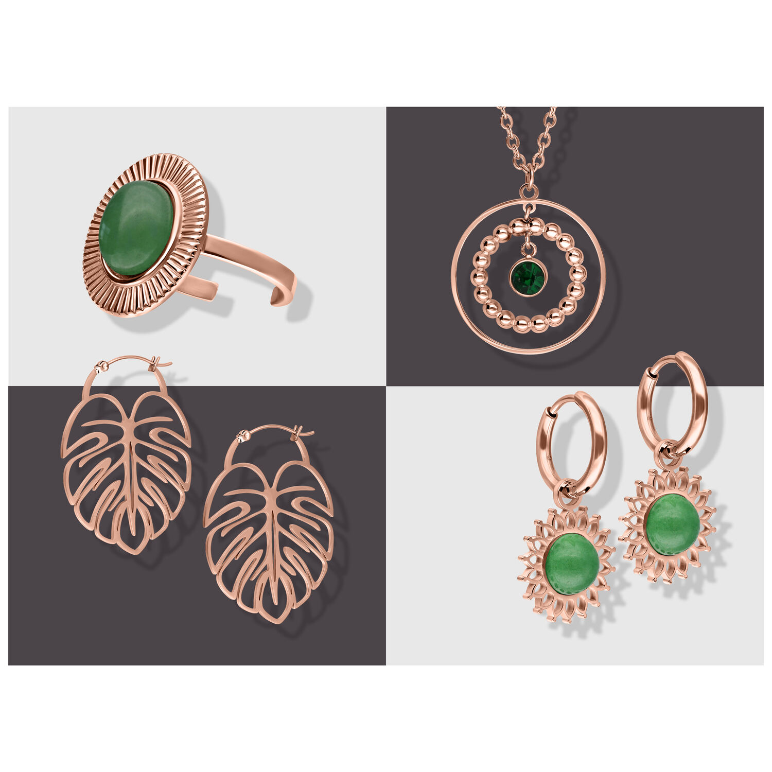 Roségoldene Schmuckstücke, darunter Ring, Halskette und Ohrringe auf neutralem Hintergrund