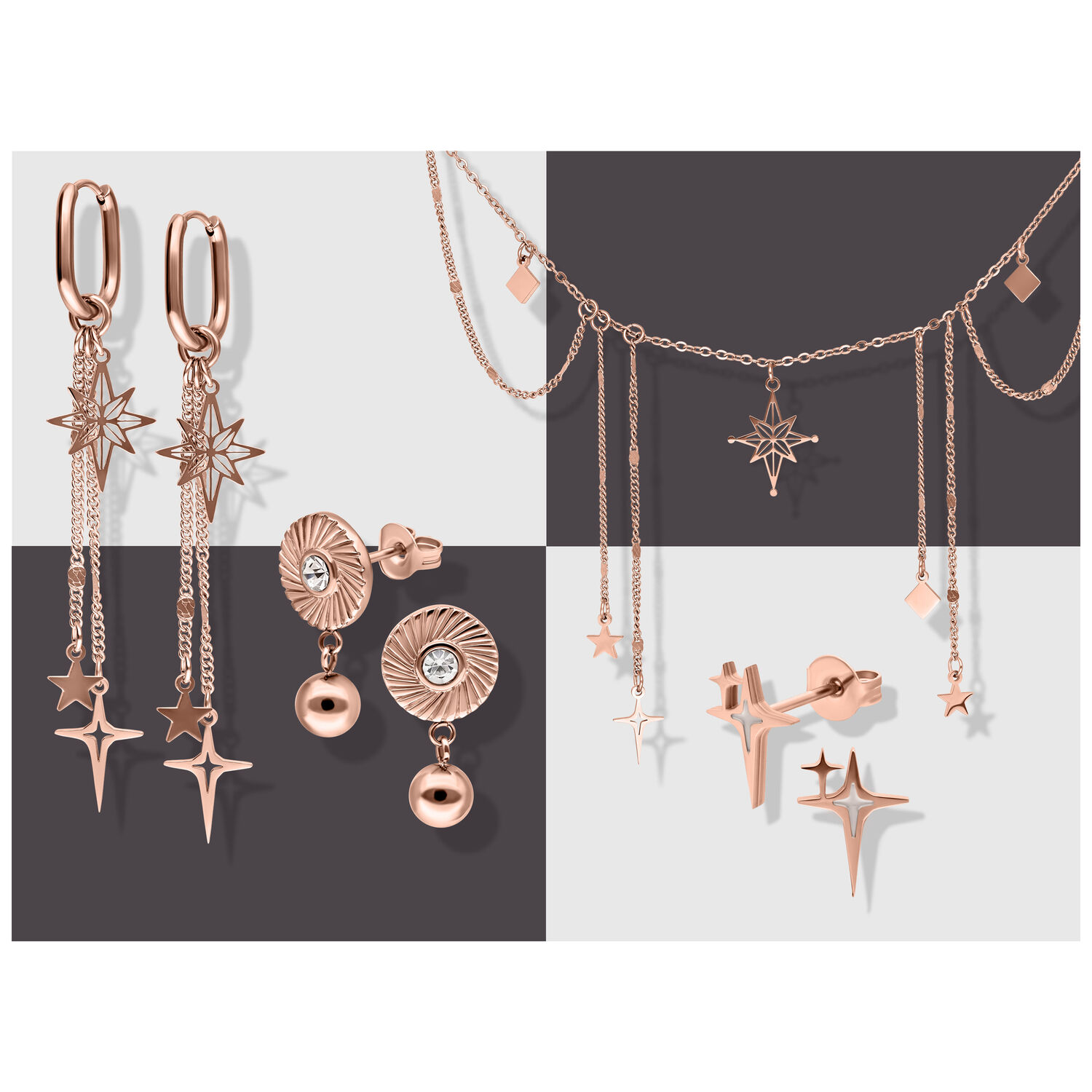 Roségoldenes Schmuckset mit Ohrringen und Ketten auf zweifarbigem Hintergrund