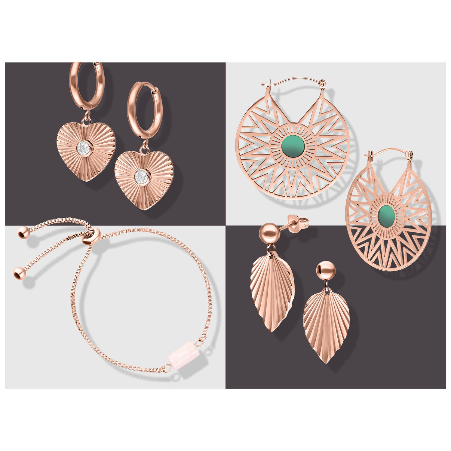 Roségoldene Ohrringe und Armband auf grauem Hintergrund