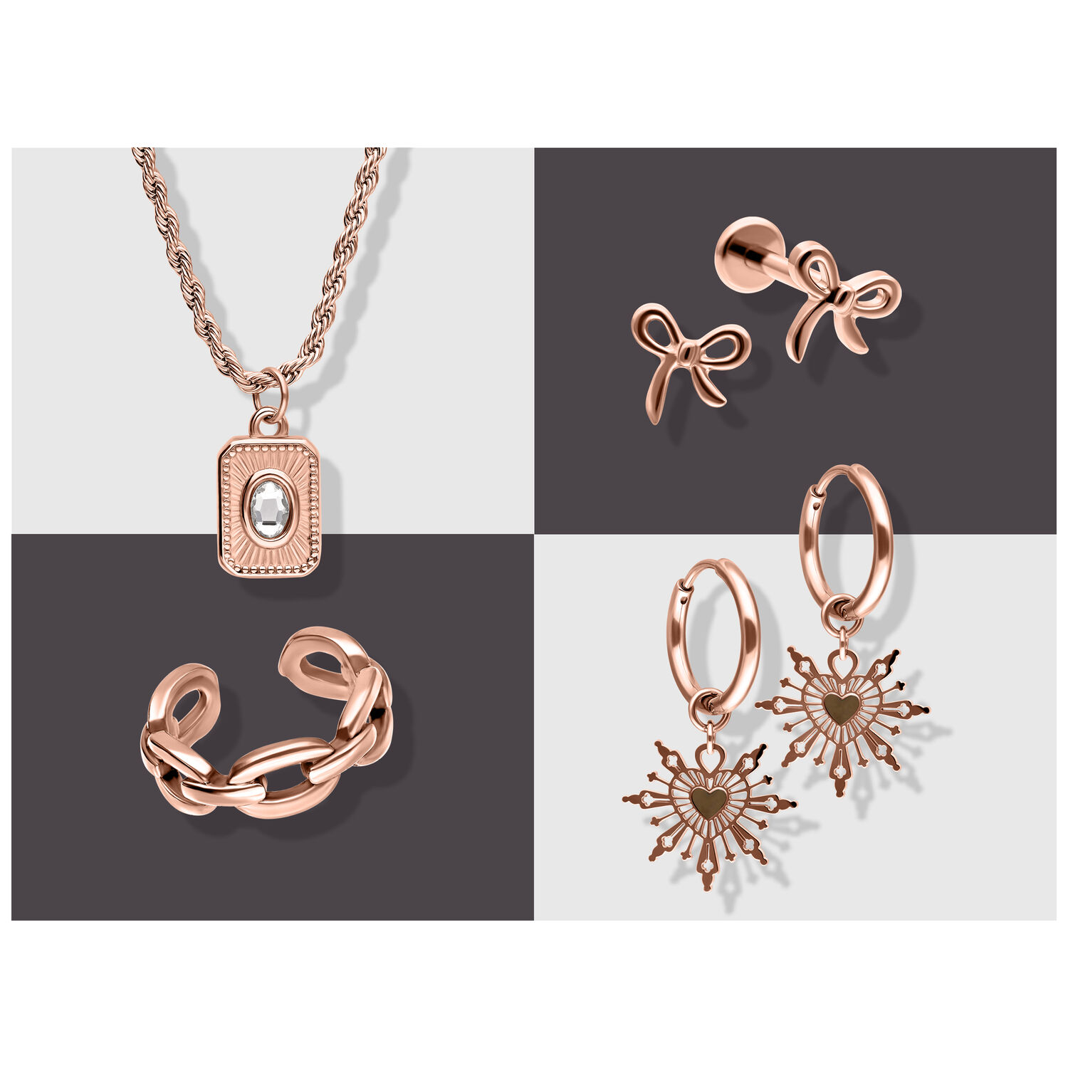 Roségoldenes Schmuckset mit Kette, Ohrringen und Armband auf zweifarbigem Hintergrund