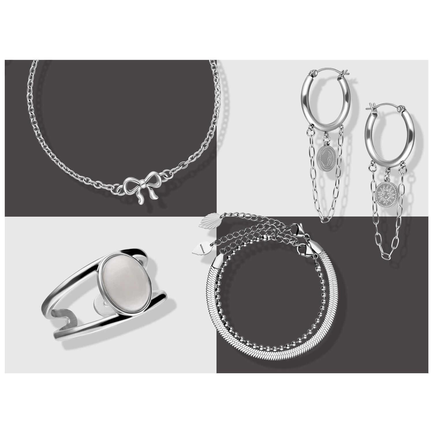 Wildcat Adventskalender 2025 - Silber Schmuckset Silbernes Schmuckset mit Kette, Ohrringen und Armband auf neutralem Hintergrund