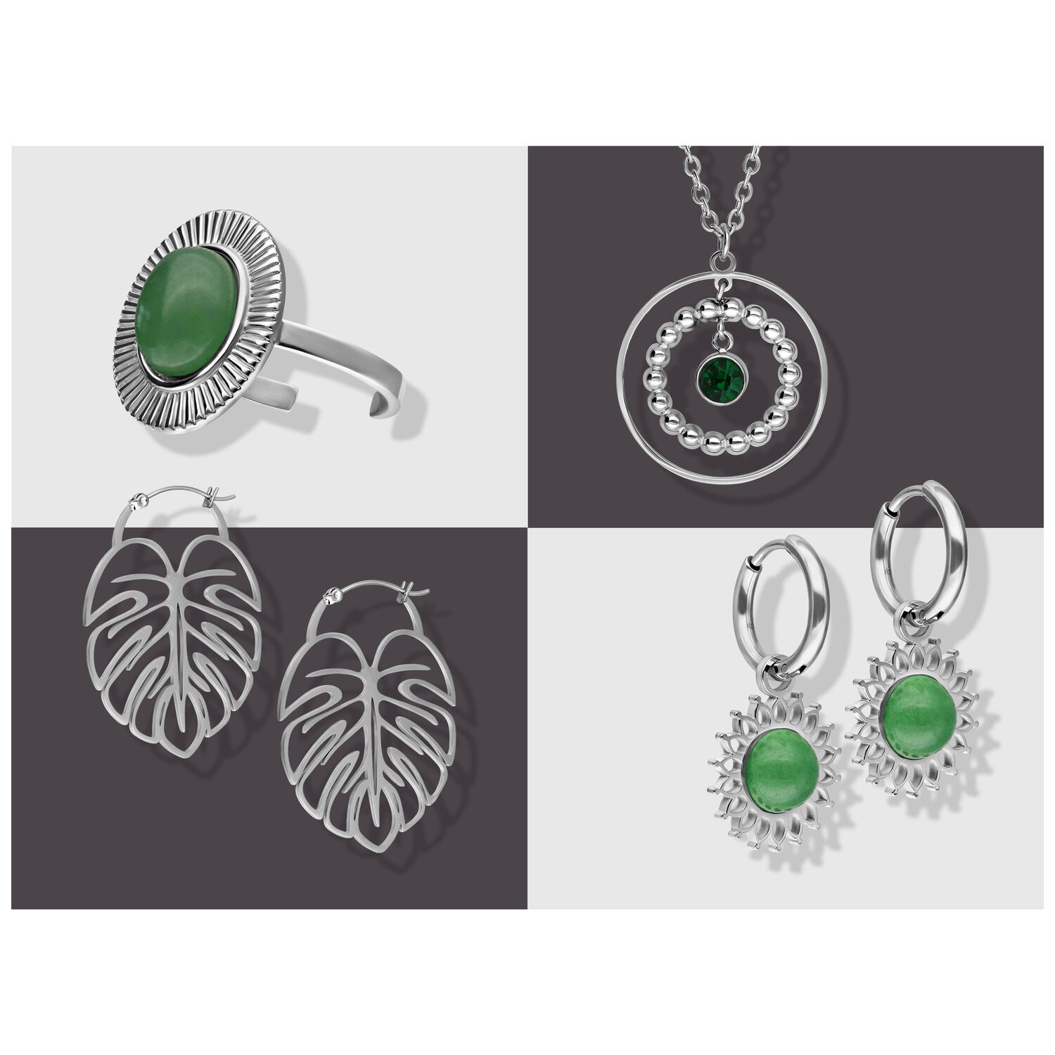 Wildcat Adventskalender 2025 - Silber Schmuckset Silberne Schmuckstücke mit grünem Stein auf zweifarbigem Hintergrund