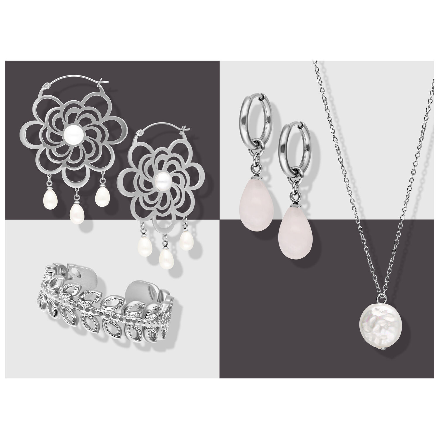 Wildcat Adventskalender 2025 - Silber Schmuckset Silberne Ohrringe, Halskette und Armband auf grauem Hintergrund