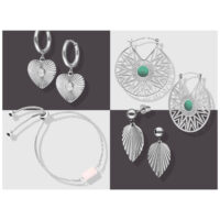 Wildcat Adventskalender 2025 - Silber Schmuckset Silberne Ohrringe und Armband mit Herz- und Blattmotiven auf grauem Hintergrund