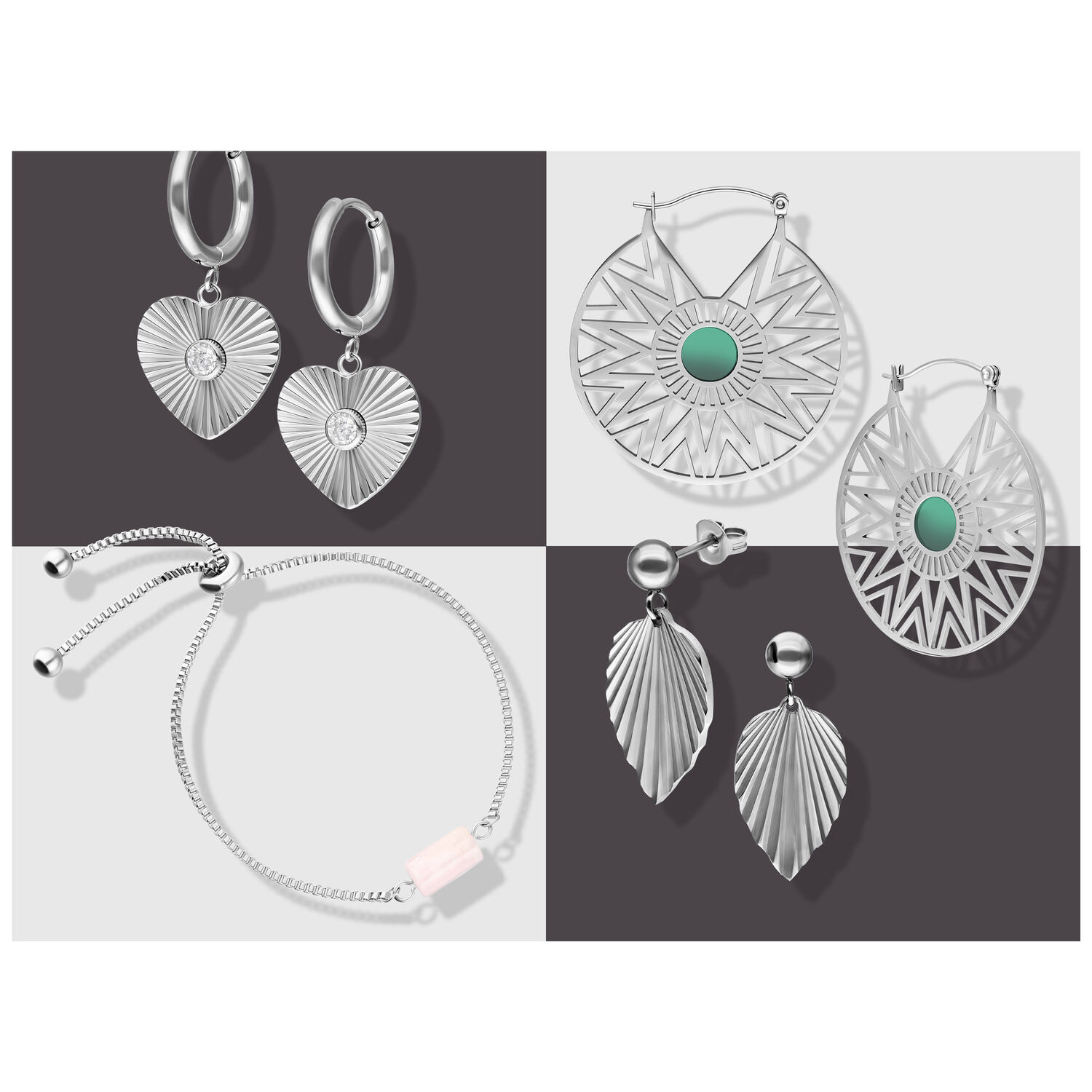 Wildcat Adventskalender 2025 - Silber Schmuckset Silberne Ohrringe und Armband mit Herz- und Blattmotiven auf grauem Hintergrund