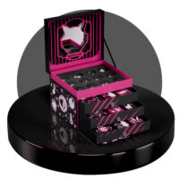 Schwarzer Wildcat Adventskalender 2025 mit geöffneten Schubladen und Schmuck