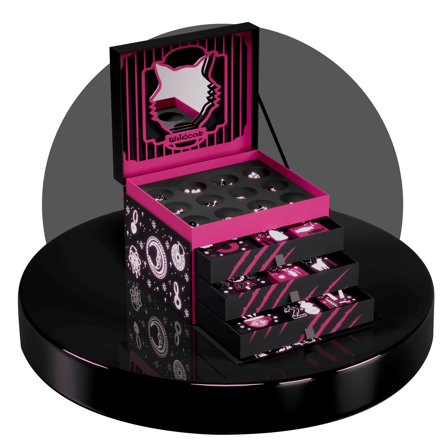 Schwarzer Wildcat Adventskalender 2025 mit geöffneten Schubladen und Schmuck