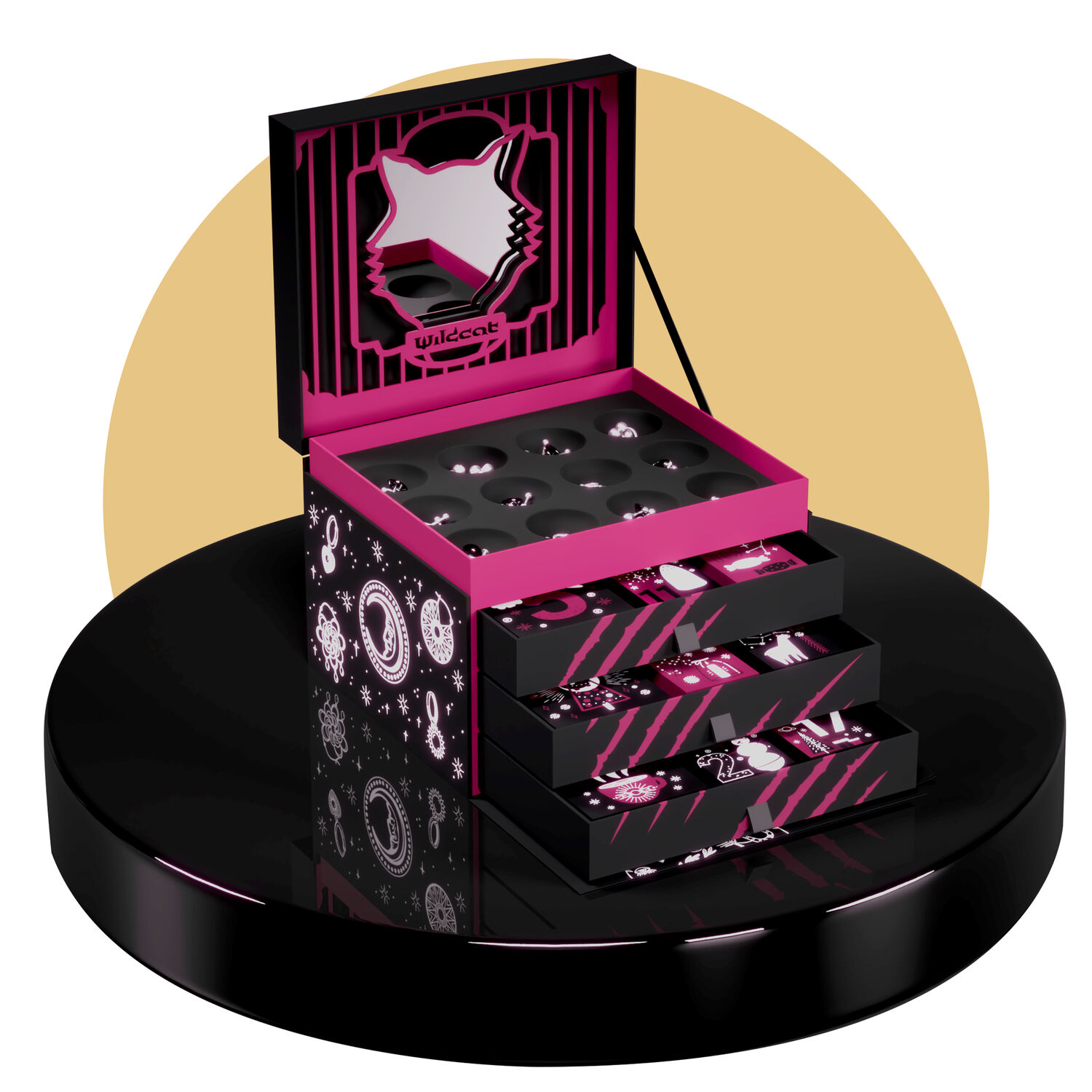 Wildcat Adventskalender 2025 - Gold Edition Offener Wildcat Adventskalender 2025 in Gold mit 24 Schmuckteilen auf schwarzem Hintergrund