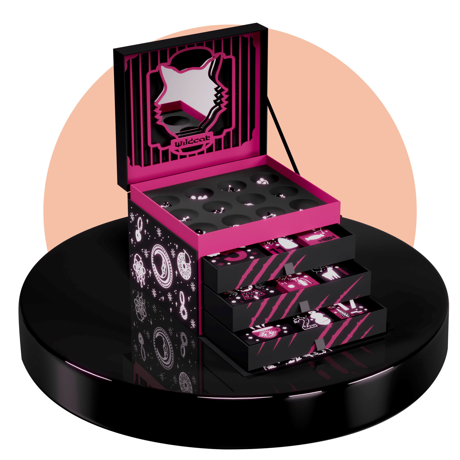 Offener Wildcat Adventskalender 2025 in Roségold auf schwarzem Podest