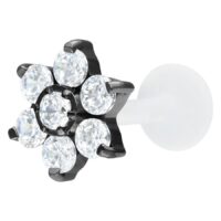 Musta labret kristallikukkakoristeella Musta labret kristallinkirkkaalla kukkamuodolla valkoisella taustalla