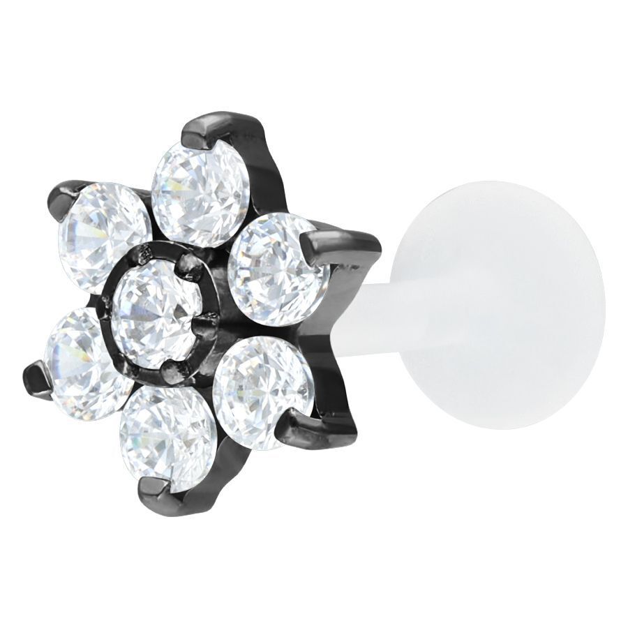 Musta labret kristallikukkakoristeella Musta labret kristallinkirkkaalla kukkamuodolla valkoisella taustalla