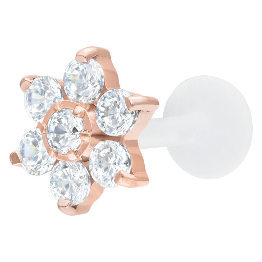 Labret rosékultaisella kristallikukalla ja PTFE-tangolla, studiotausta