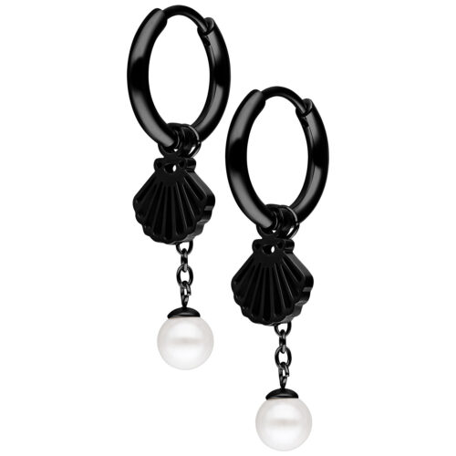 Mini Shell with Pearl Hoops Pair - Musta metalli