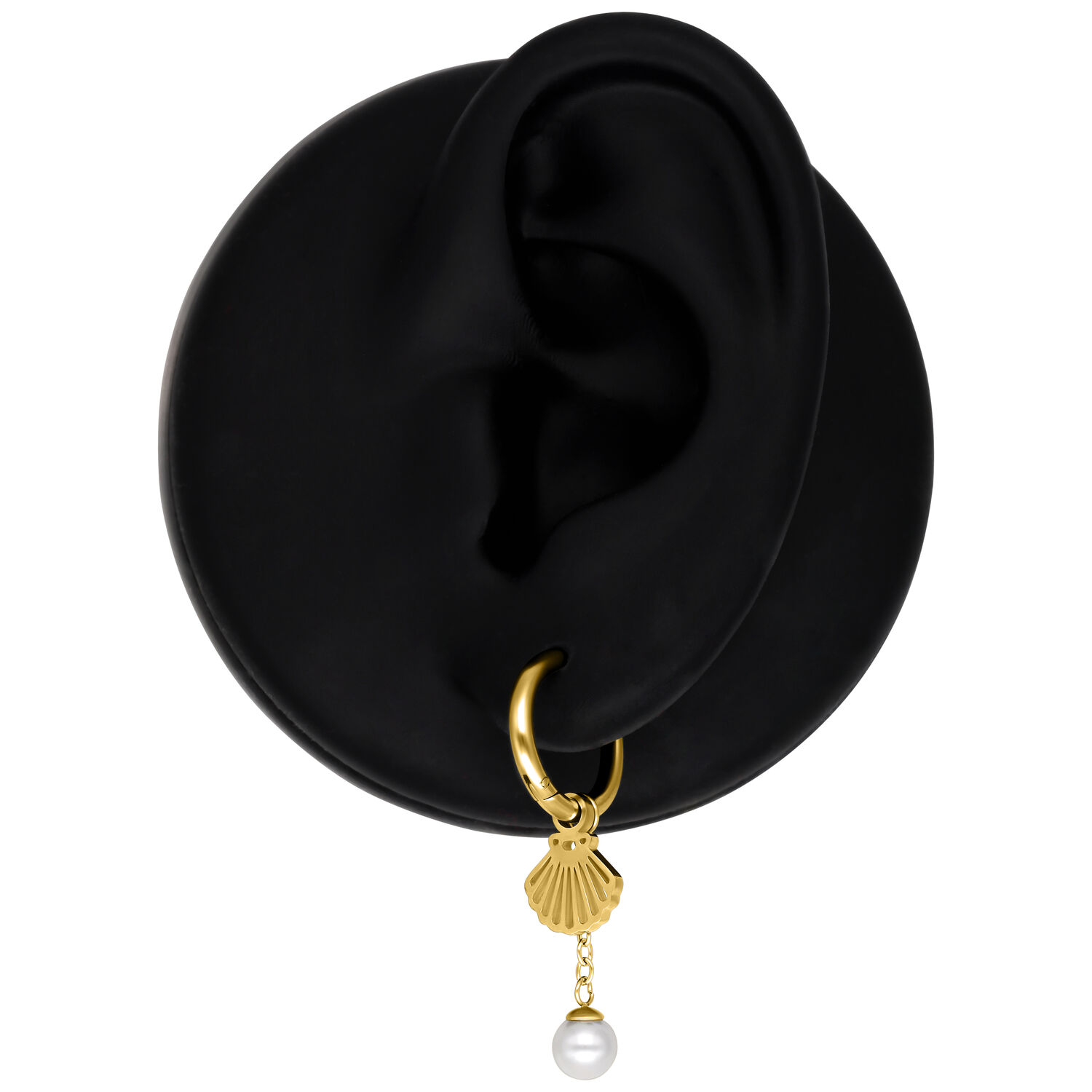 Goldene Mini-Ohrringe mit Muschel-Anhänger und Perle auf schwarzem Hintergrund