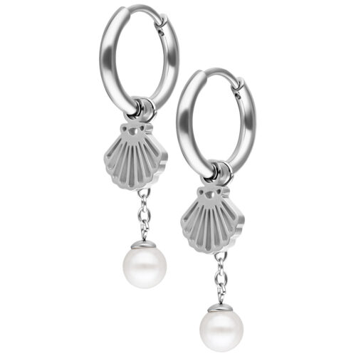 Mini Shell with Pearl Hoops Pair - Hopeinen metalli