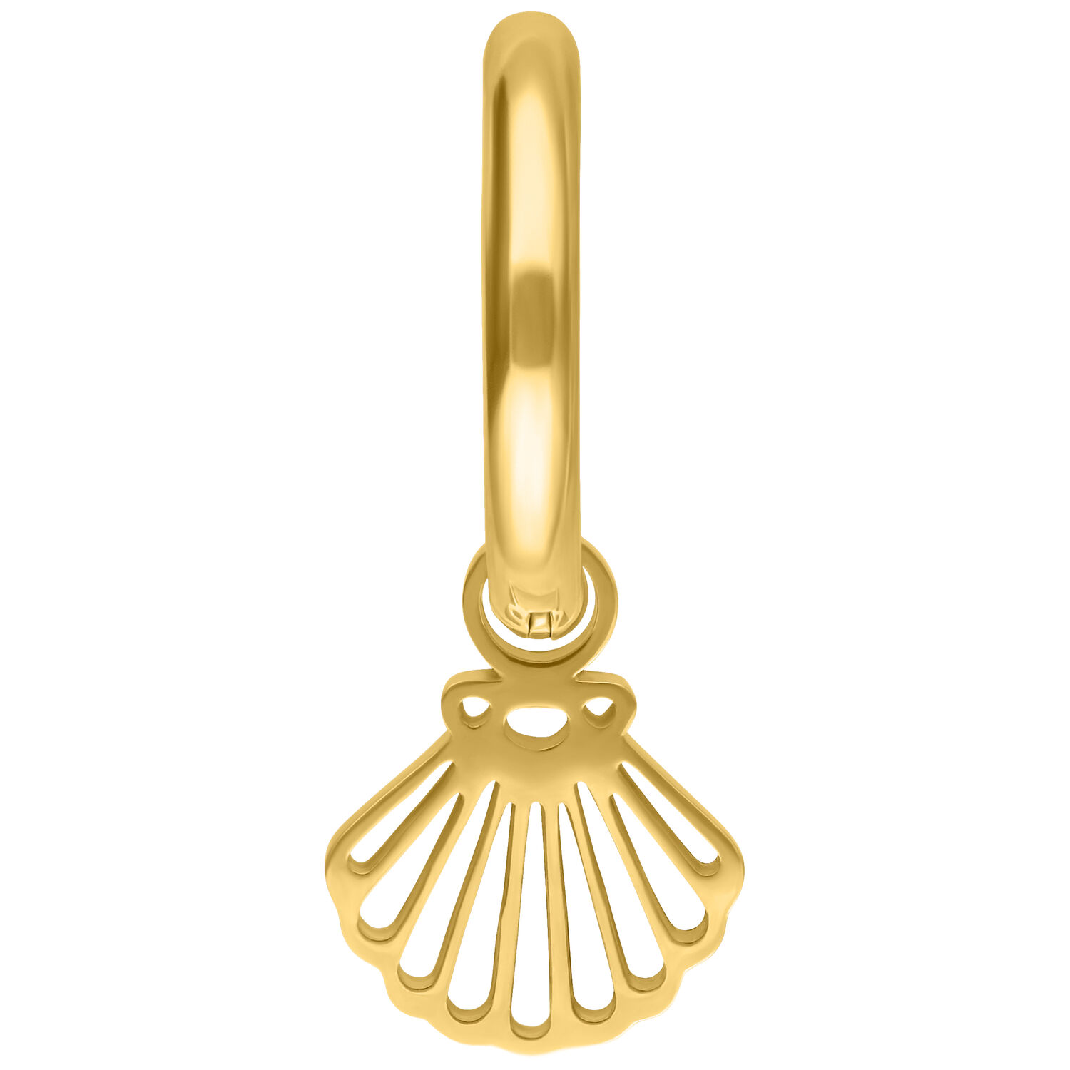 Goldene Creolen mit Muschel-Anhänger auf weißem Hintergrund