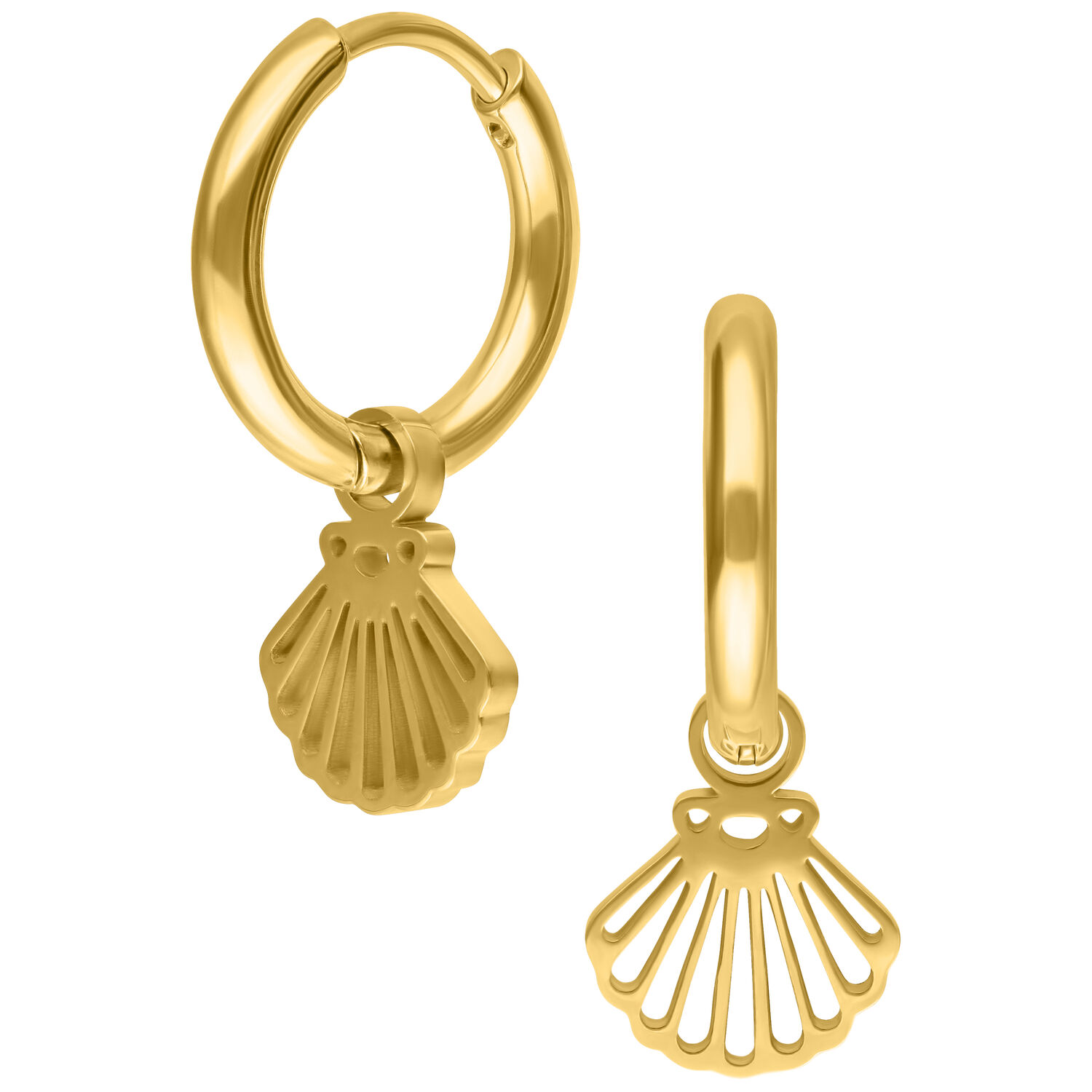 Goldene Mini Shell Hoops aus Chirurgenstahl 316L auf weißem Hintergrund