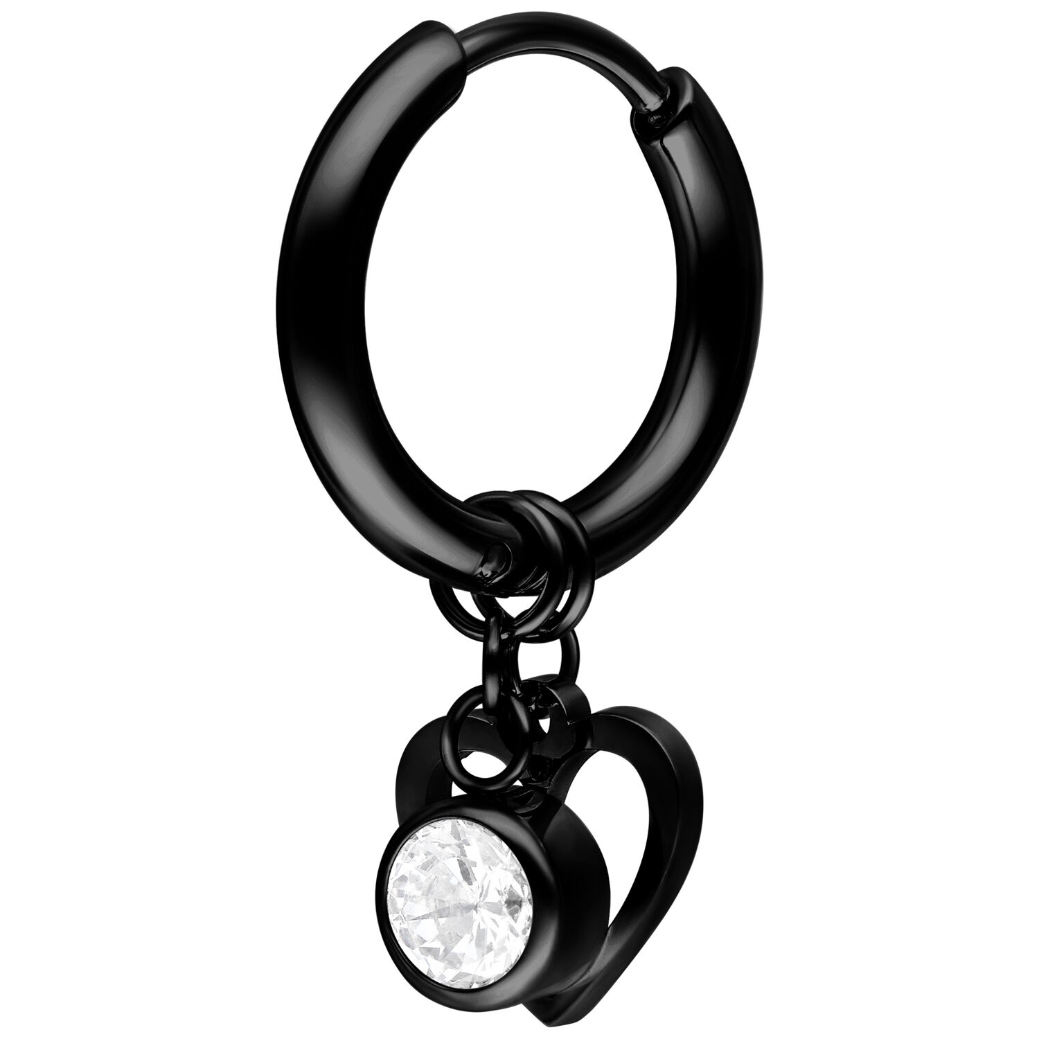 Schwarzer Ohrring mit Herzanhänger und klarem Kristall auf weißem Hintergrund