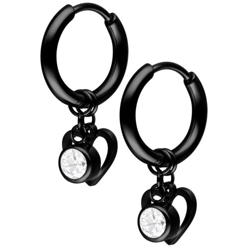 Mini Heart with Crystal Hanger Hoops Pair - Musta metalli