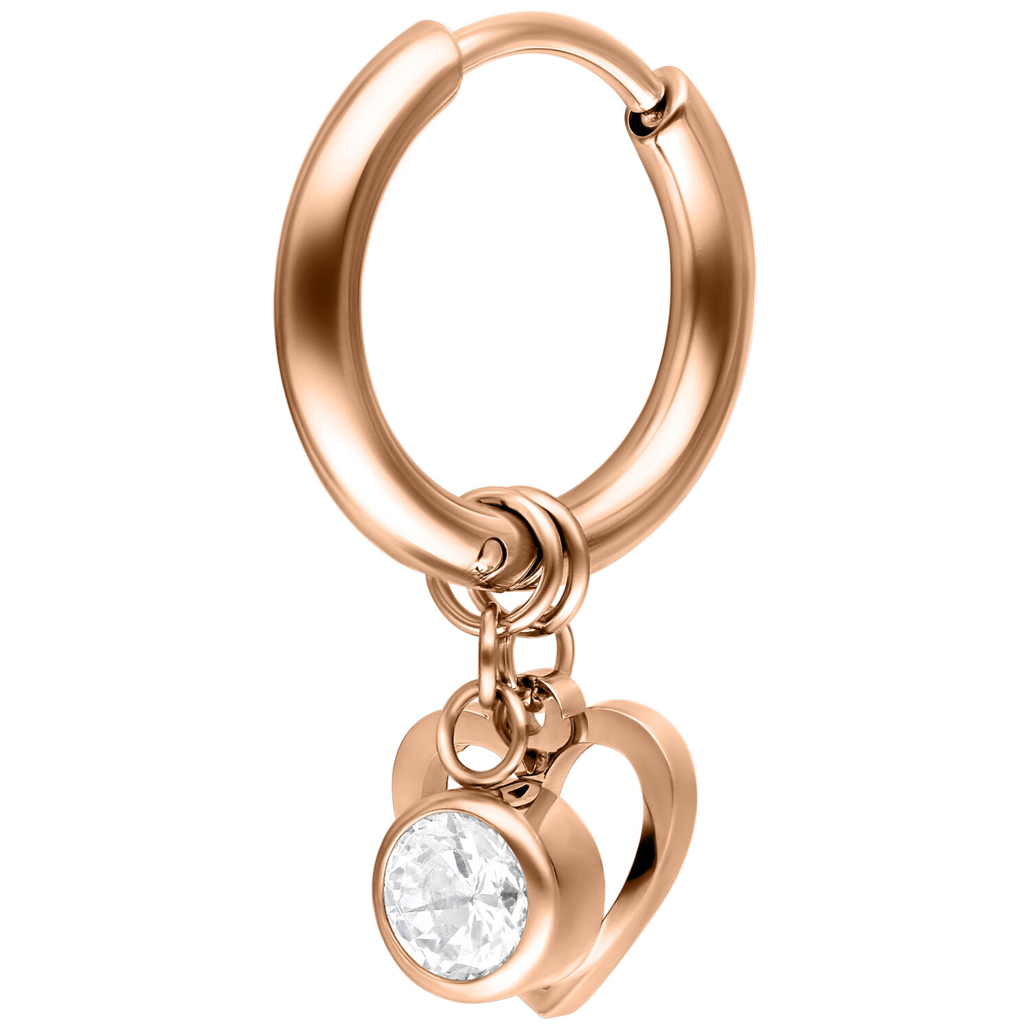 Roségoldener Ohrring mit Herzanhänger und funkelndem Kristall auf weißem Hintergrund