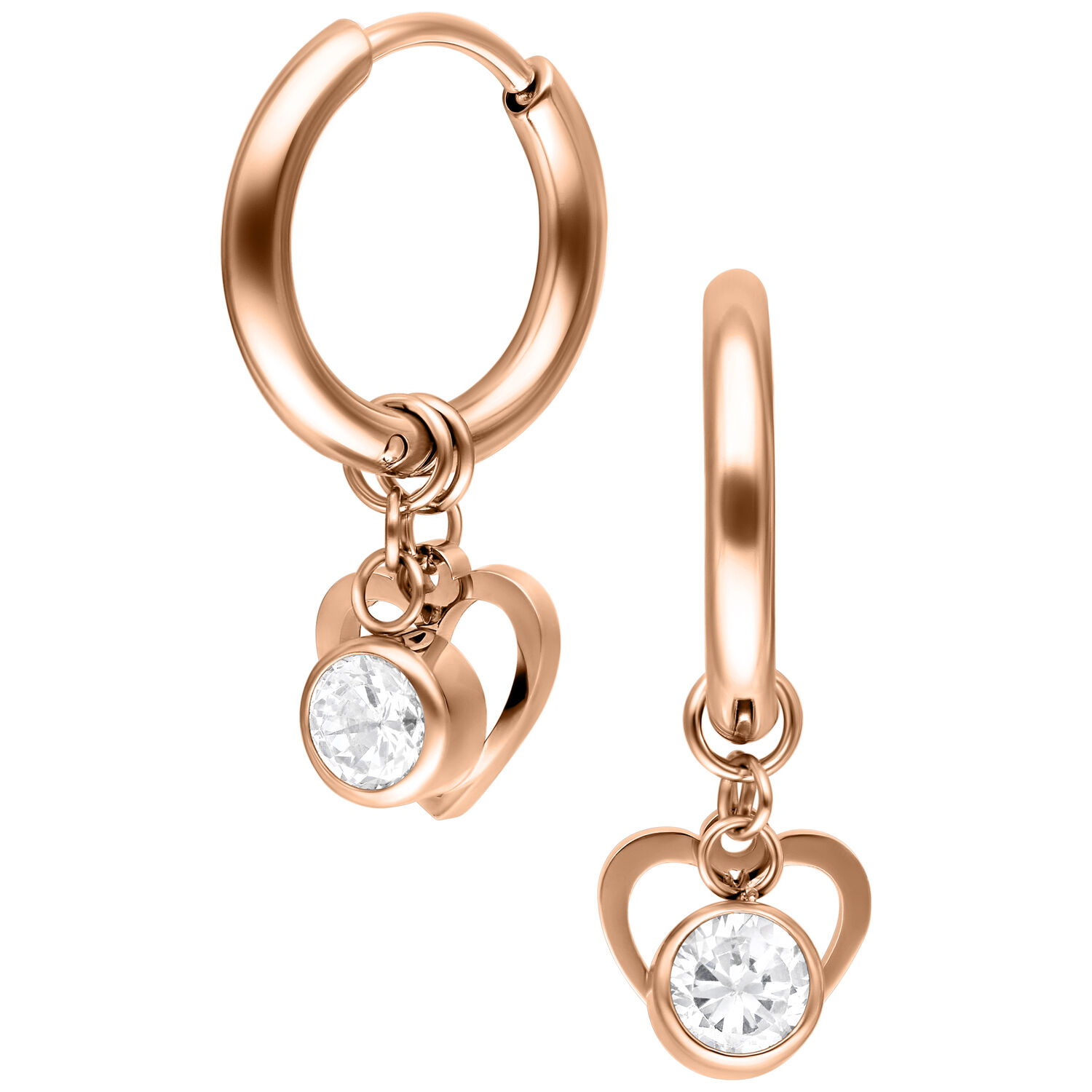 Roségoldene Creolen mit Herzanhänger und Kristall auf weißem Hintergrund