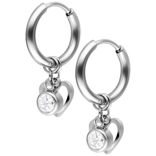 Mini Heart with Crystal Hanger Hoops Pair - Hopeinen metalli