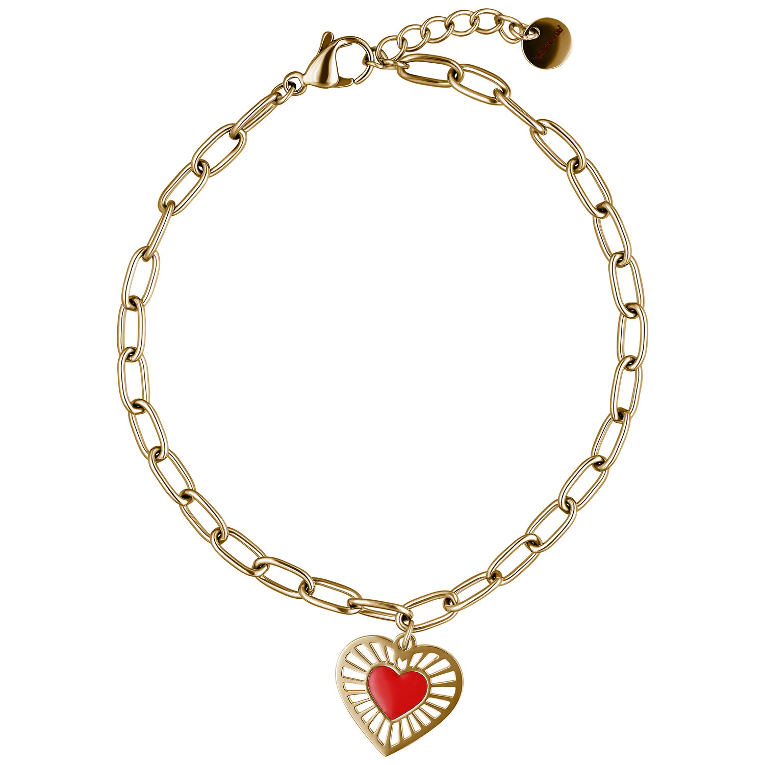 Sacred Heart Armband in goldenem Metall Goldenes Armband mit rotem Herzanhänger auf weißem Hintergrund