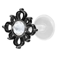 Musta Oriental Sun Push-Fit Labret kristallinkirkkaalla kivellä valkoisella taustalla