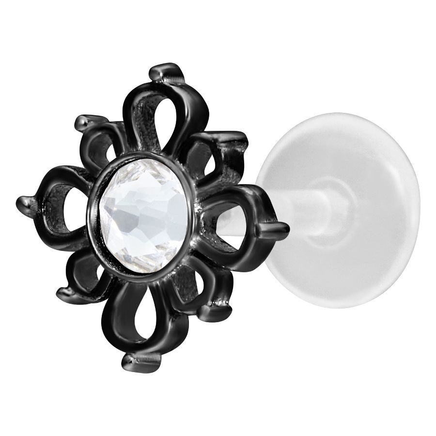 Musta Oriental Sun Push-Fit Labret kristallinkirkkaalla kivellä valkoisella taustalla