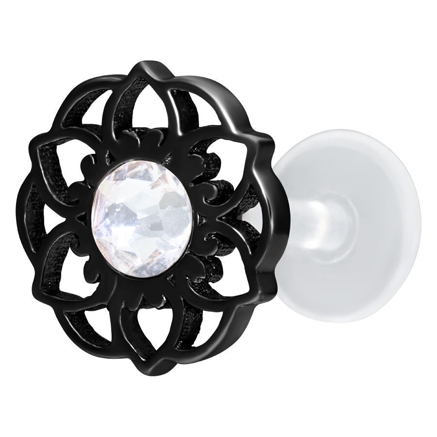 Musta Mandala Flower Labret kristallilla valkoisella taustalla