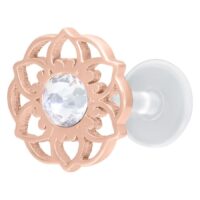 Ruusukultainen Mandala Flower Push-Fit Labret kristallinkirkkaalla kivellä valkoisella taustalla
