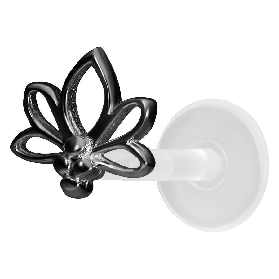 Musta Lotus Push-Fit Labret hopeisilla yksityiskohdilla valkoisella taustalla