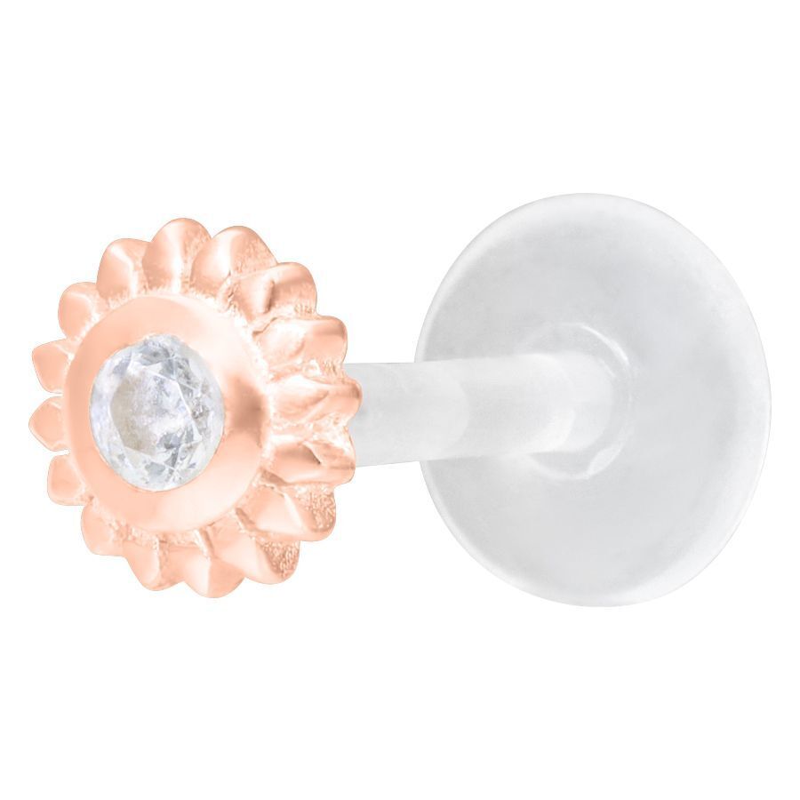 Ruusukultainen Ice Flower Push-Fit Labret kirkkaalla kristallilla valkoisella taustalla