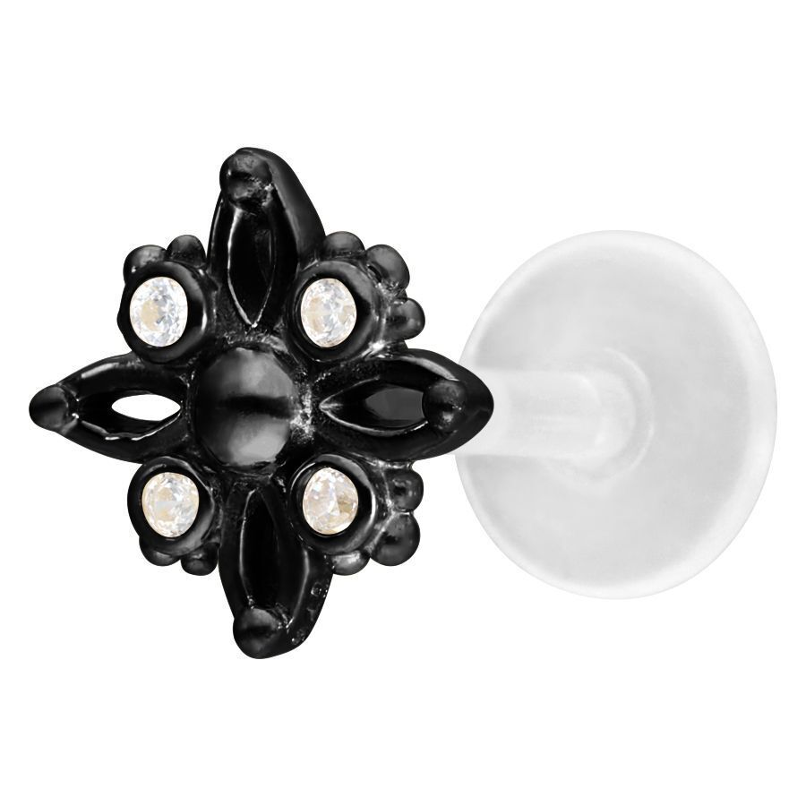 Musta labret kirkkailla kivillä ja Push-Fit lukolla valkoisella taustalla