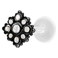 Musta Push-Fit Labret kristalleilla Musta labret kristallinkirkkailla kivillä valkoisella taustalla