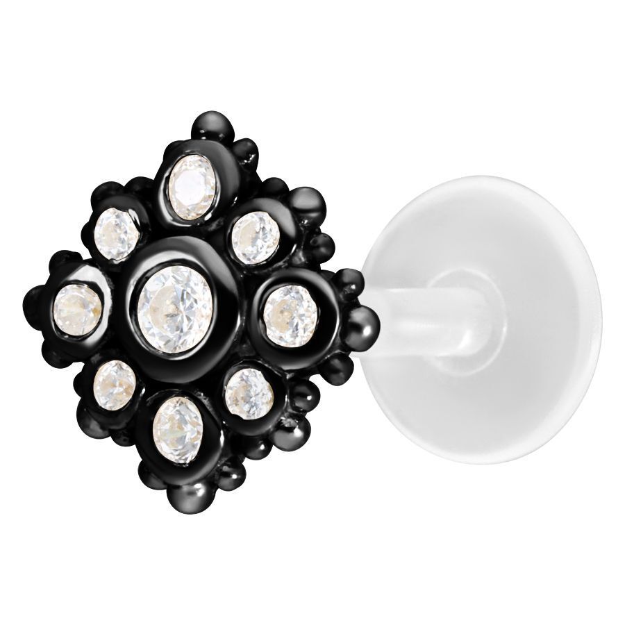 Musta Push-Fit Labret kristalleilla Musta labret kristallinkirkkailla kivillä valkoisella taustalla