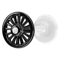 Musta Suncircle Push-Fit Labret kristallilla Musta labret pyöreällä levyllä ja kristallilla valkoisella taustalla