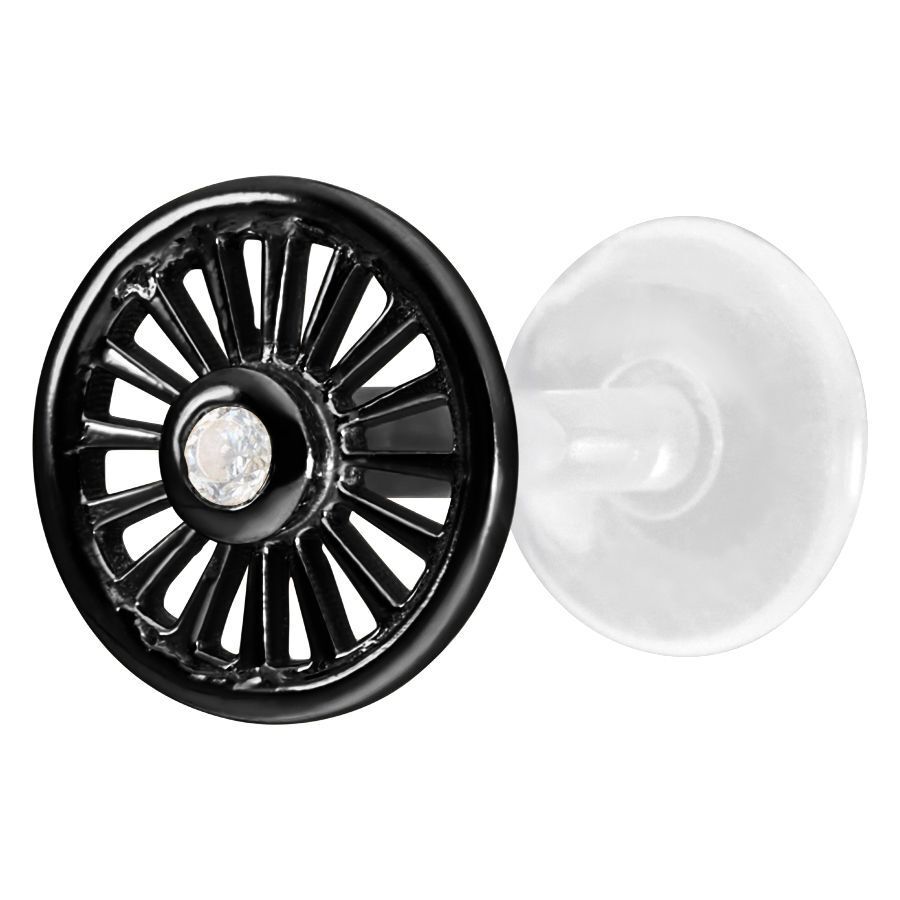 Musta Suncircle Push-Fit Labret kristallilla Musta labret pyöreällä levyllä ja kristallilla valkoisella taustalla
