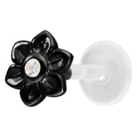 Musta Flower Push-Fit Labret kristallinkirkkaalla kivellä valkoisella taustalla