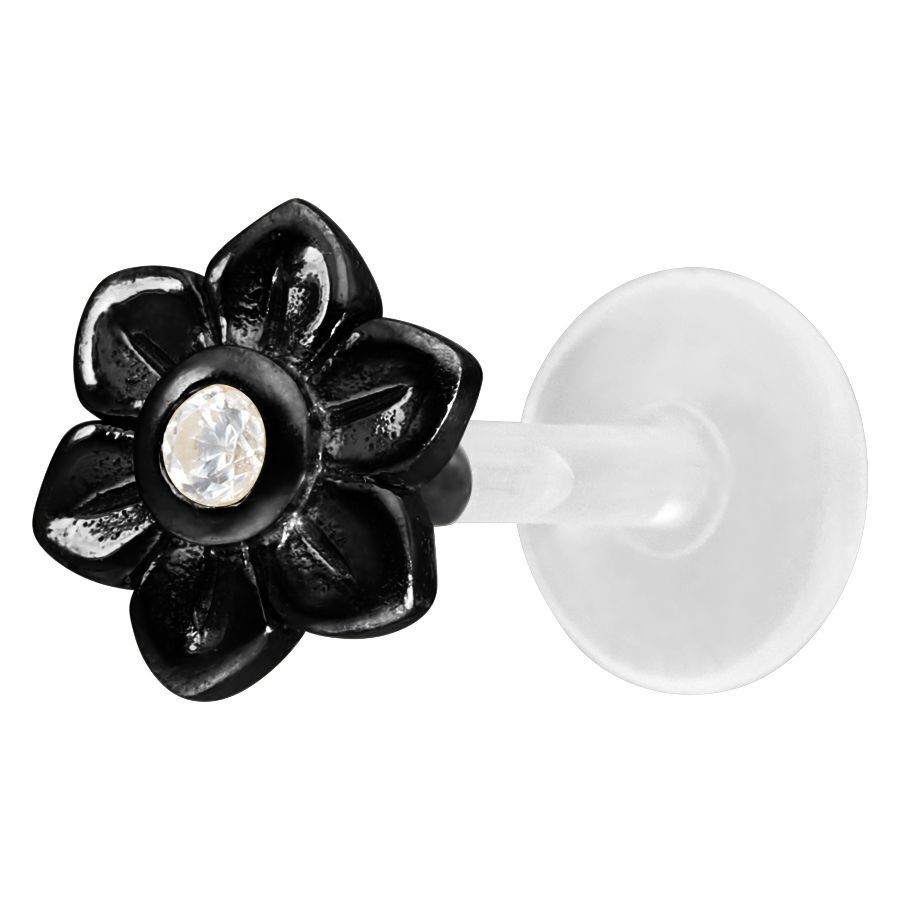 Musta Flower Push-Fit Labret kristallinkirkkaalla kivellä valkoisella taustalla