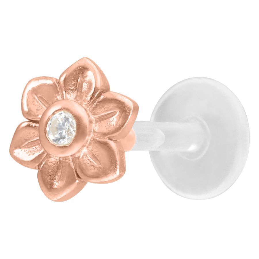 Ruusukultainen Flower Push-Fit Labret kristallilla valkoisella taustalla