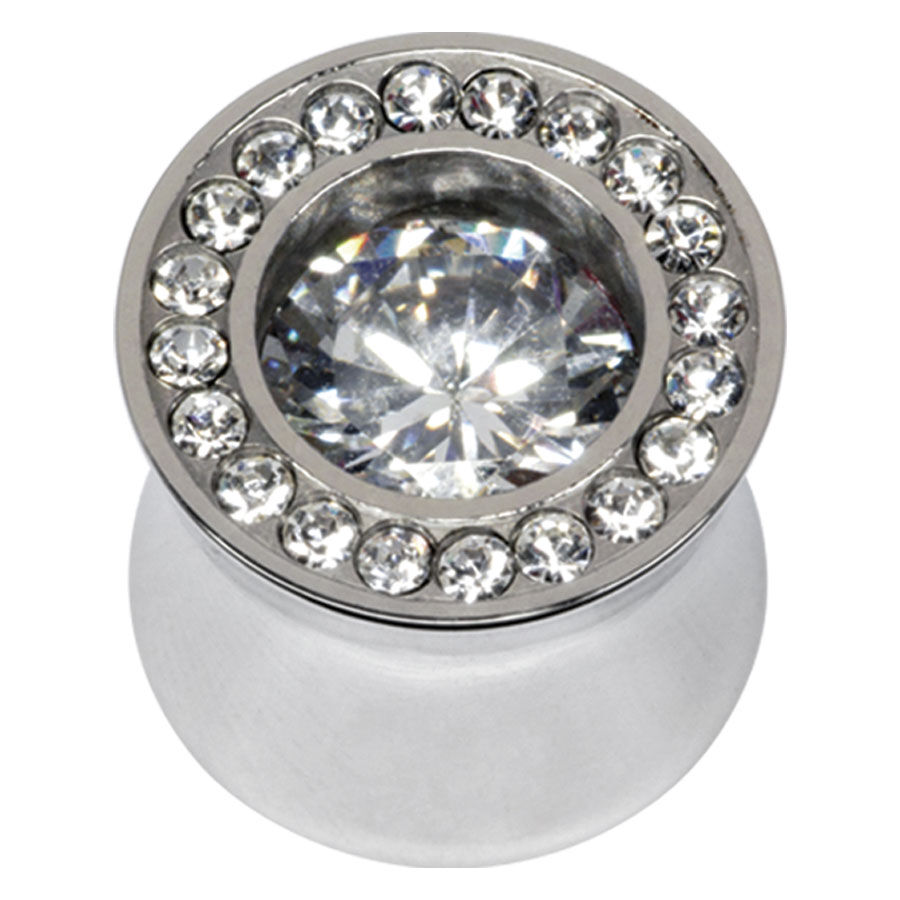 Hopeinen plugi kristallikoristeilla Hopeinen kirurginteräksinen korvaplug suurilla kristalleilla ja pienemmällä kristallireunalla