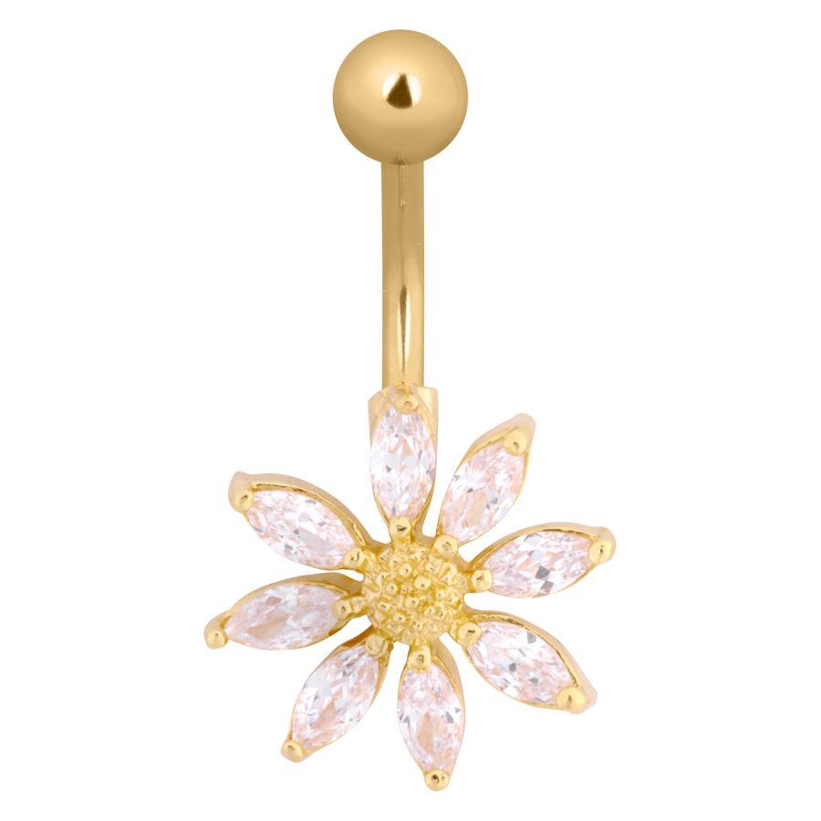 Kultainen kukkamuotoinen napakoru, jossa on kirkkaita kristalleja, valkoisella taustalla