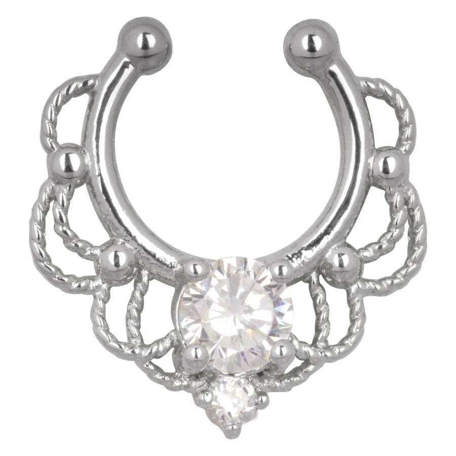 Silberner Fake Septum mit Strasssteinen Silberner Fake Septum mit zwei großen Strasssteinen auf weißem Hintergrund