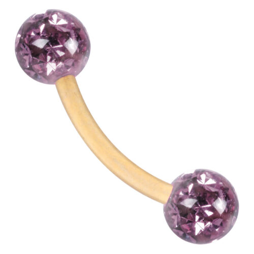Goldenes Bananabell Piercing mit Amethyst Kristallen auf weißem Hintergrund